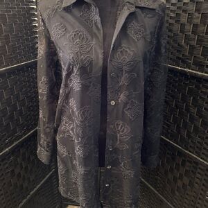 Chico’s Black Floral Embroidered Button Down